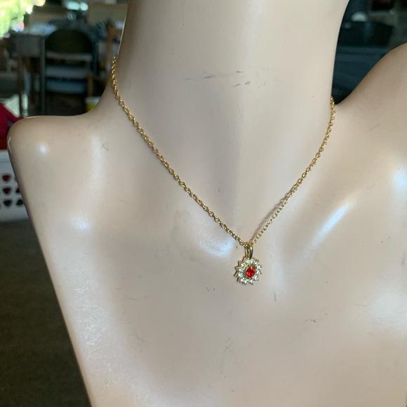 FAUX RUBY AND DIAMANTÉ PENDANT ON GOLDEN CHAIN,JULY BIRTHSTONE - Picture 3 of 7